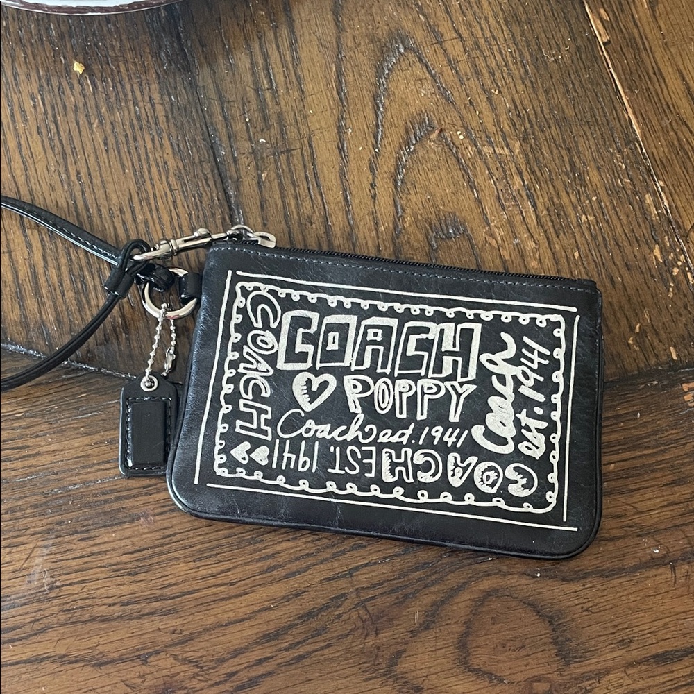 Coach Poppy Black and White Graphic Wristlet
